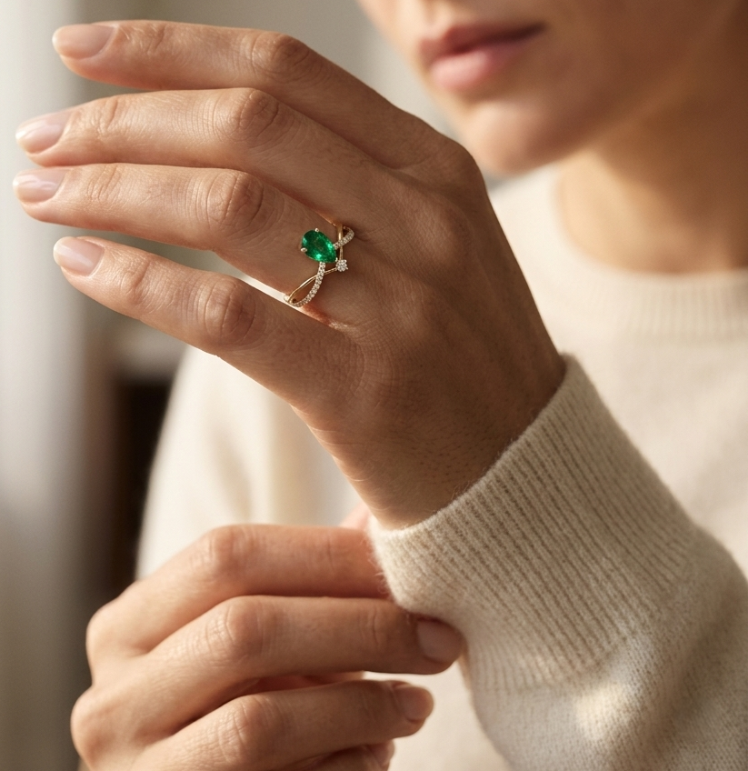 Pear shaped emerald and diamond crossover ring in 18K yellow gold