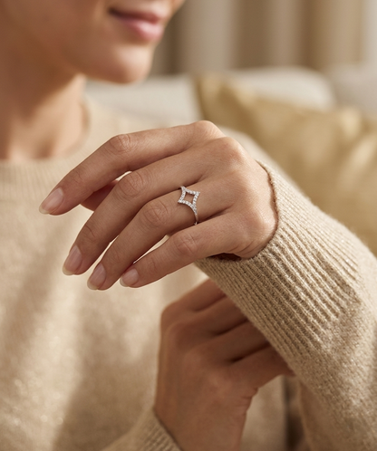 18K white gold geometric diamond open ring with pavé diamonds