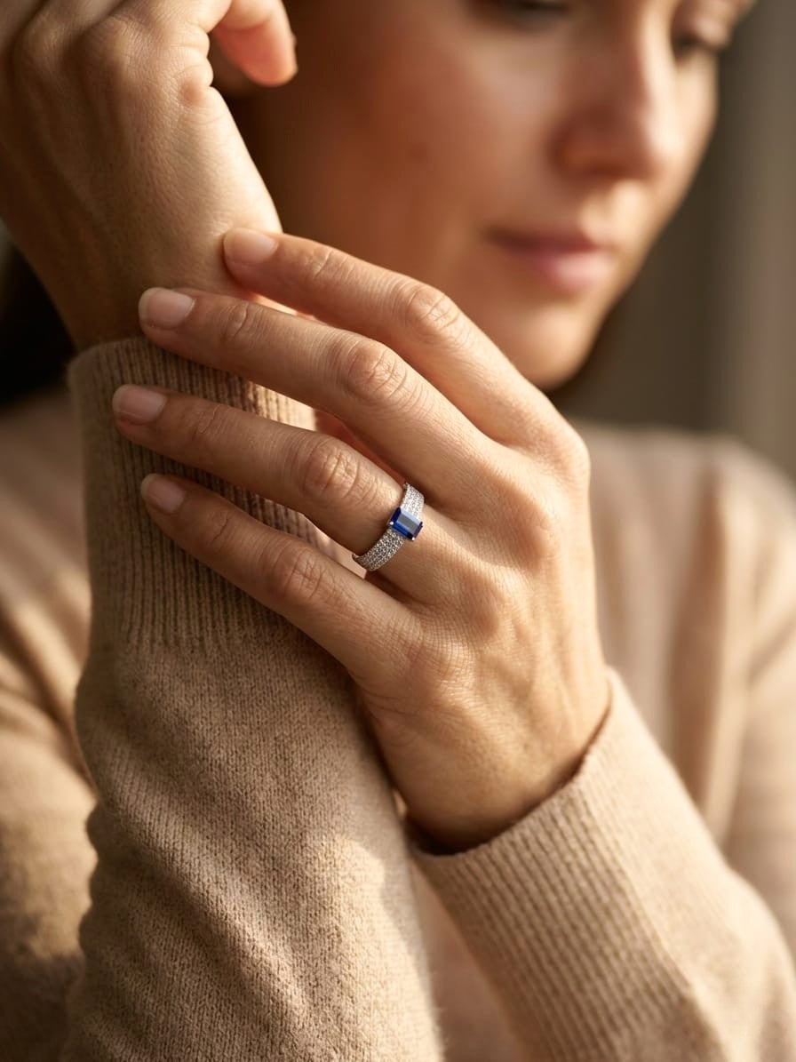 Emerald cut sapphire and diamond ring in 18K white gold