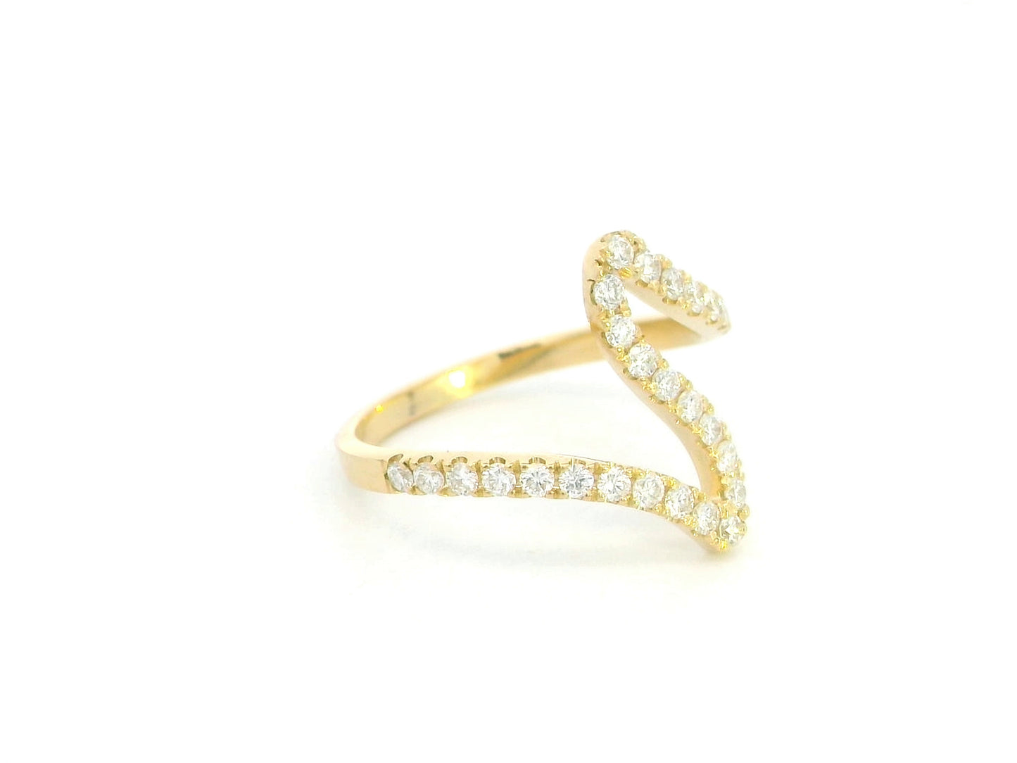 18K yellow gold wave diamond ring featuring 0.55 carat natural diamonds in a modern open curved design.