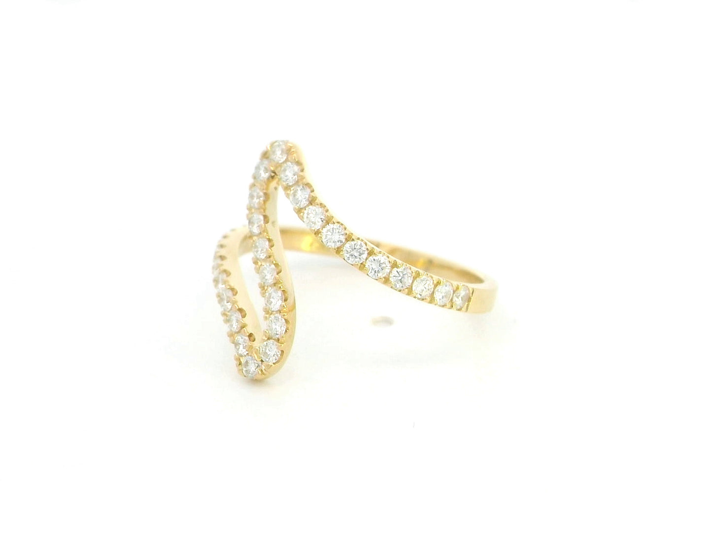 18K yellow gold wave diamond ring featuring 0.55 carat natural diamonds in a modern open curved design.