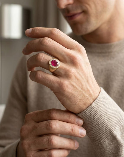 Men’s ruby and diamond ring in 18K yellow gold with oval ruby center stone and diamond halo
