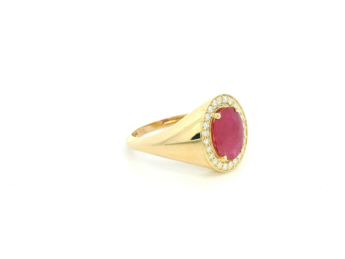Men’s ruby and diamond ring in 18K yellow gold with oval ruby center stone and diamond halo