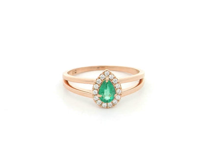 Pear emerald and diamond ring in 18K rose gold with open split band design
