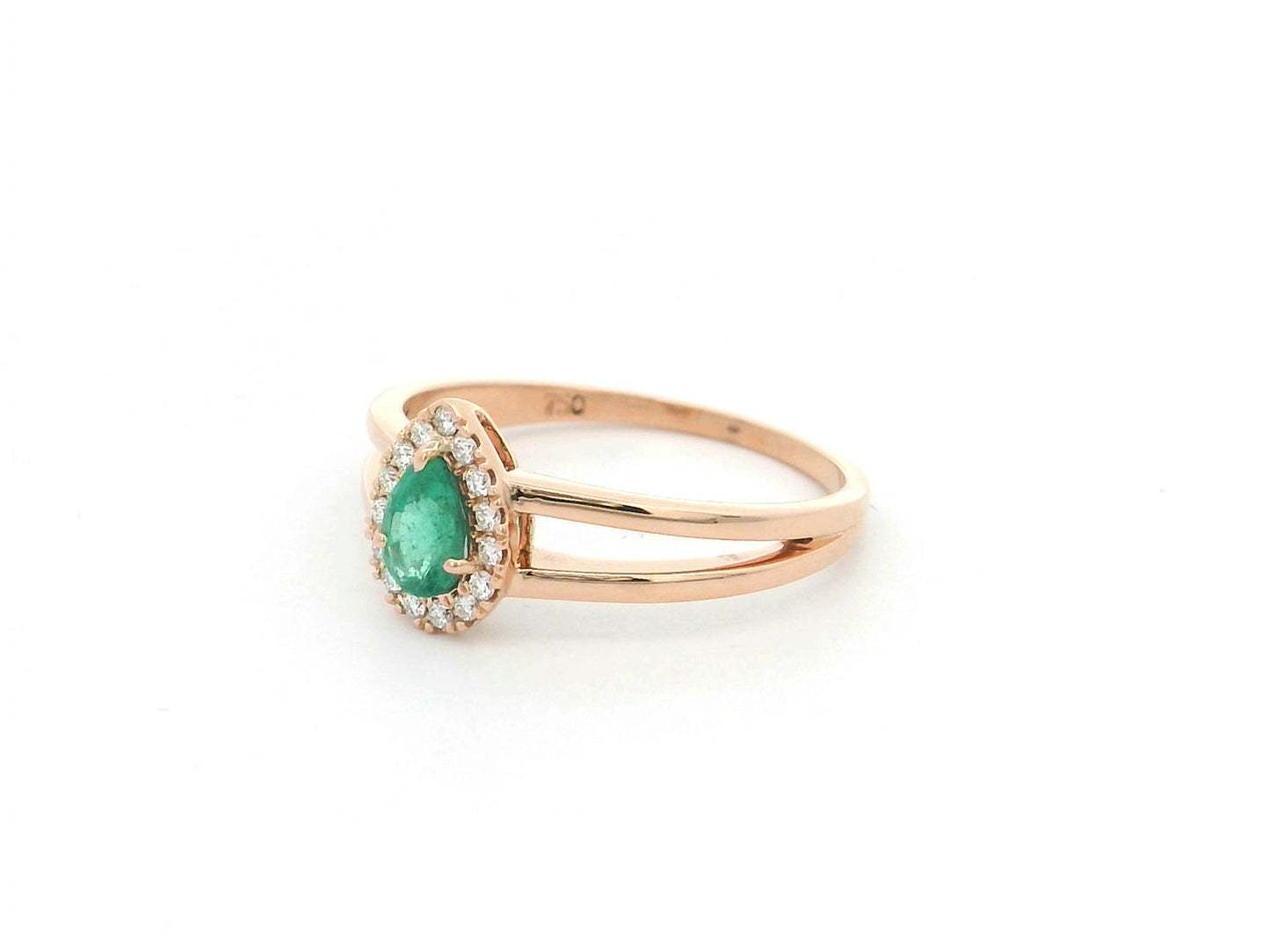 Pear emerald and diamond ring in 18K rose gold with open split band design