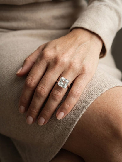 7.76 carat square aquamarine cocktail ring in 18K white gold