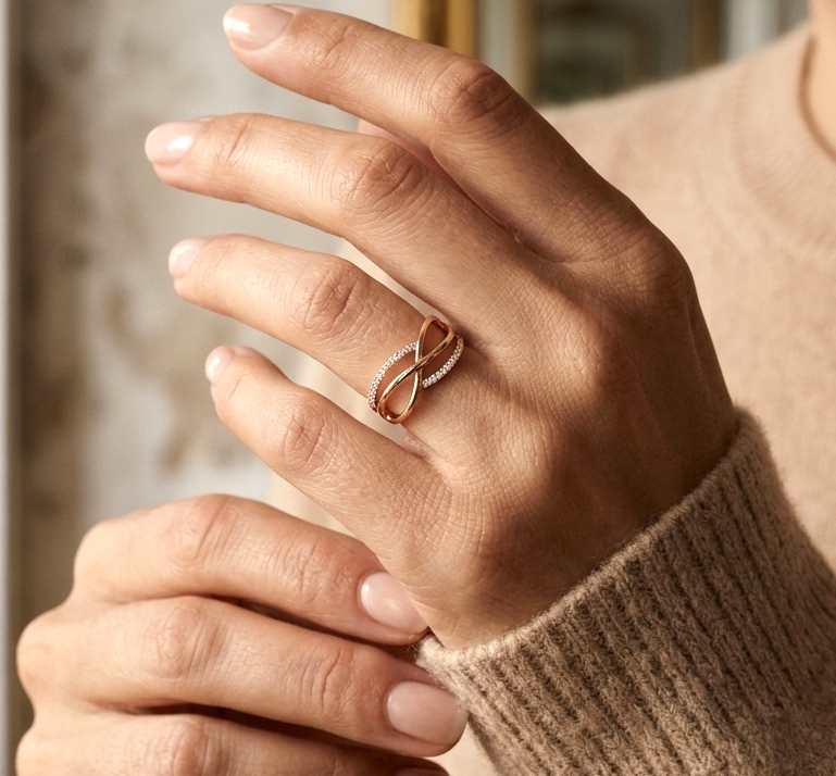 Diamond infinity ring in 18K rose gold featuring 0.16 carat natural diamonds