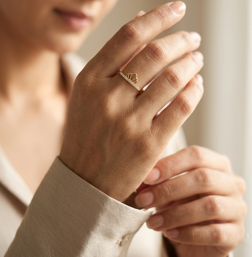 18K yellow gold diamond crown ring with minimalist pavé diamond design.