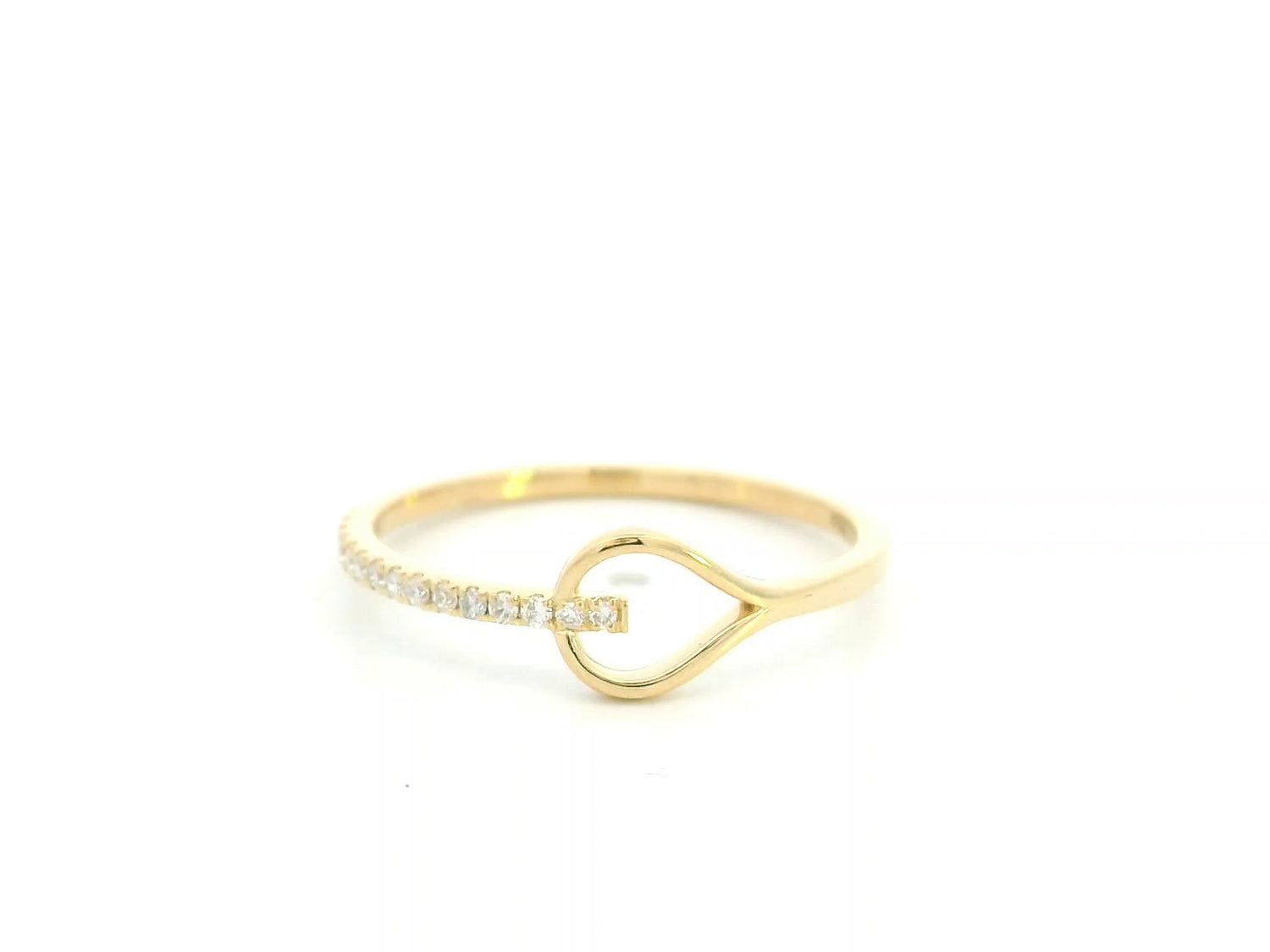 18K yellow gold open teardrop diamond ring with minimalist modern design.