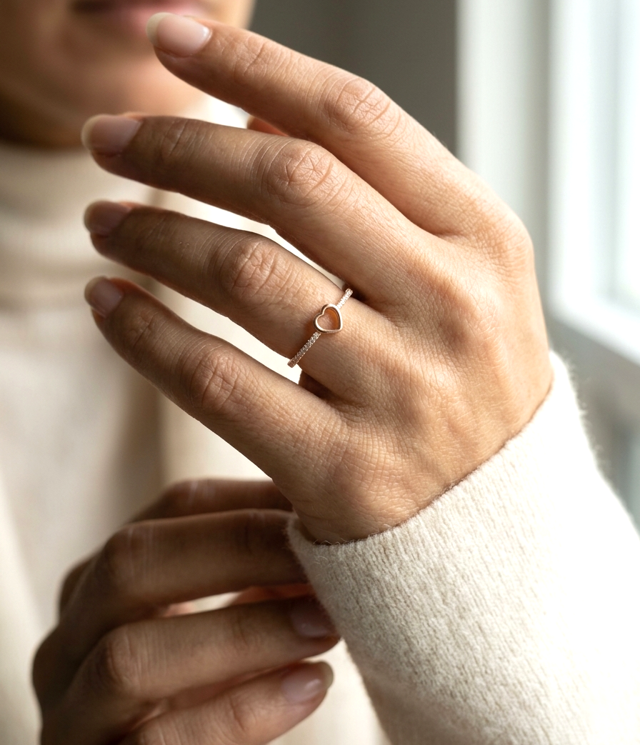 18K rose gold diamond heart ring with pavé-set diamonds and minimalist open heart design.