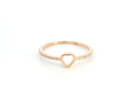 18K rose gold diamond heart ring with pavé-set diamonds and minimalist open heart design.