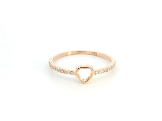 18K rose gold diamond heart ring with pavé-set diamonds and minimalist open heart design.