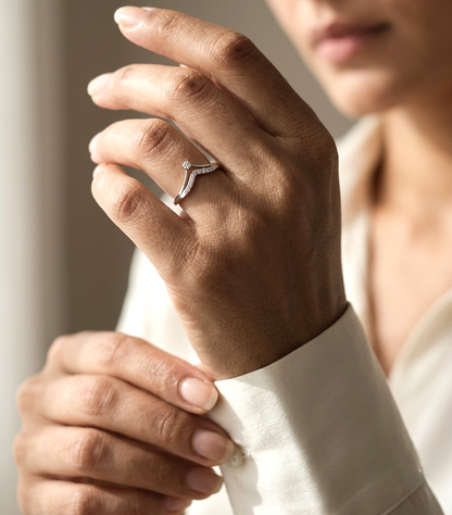 18K white gold diamond contour band ring with pavé diamonds in minimalist curved stacking design