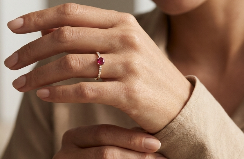 Ruby and diamond solitaire ring in 18K yellow gold featuring a 0.36 carat natural ruby and 0.11 carat diamonds