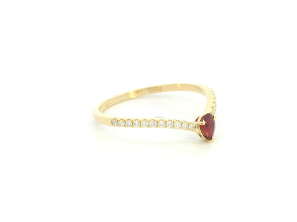 Ruby and diamond chevron ring in 18K yellow gold featuring a 0.19 carat pear-shaped ruby and 0.13 carat diamonds