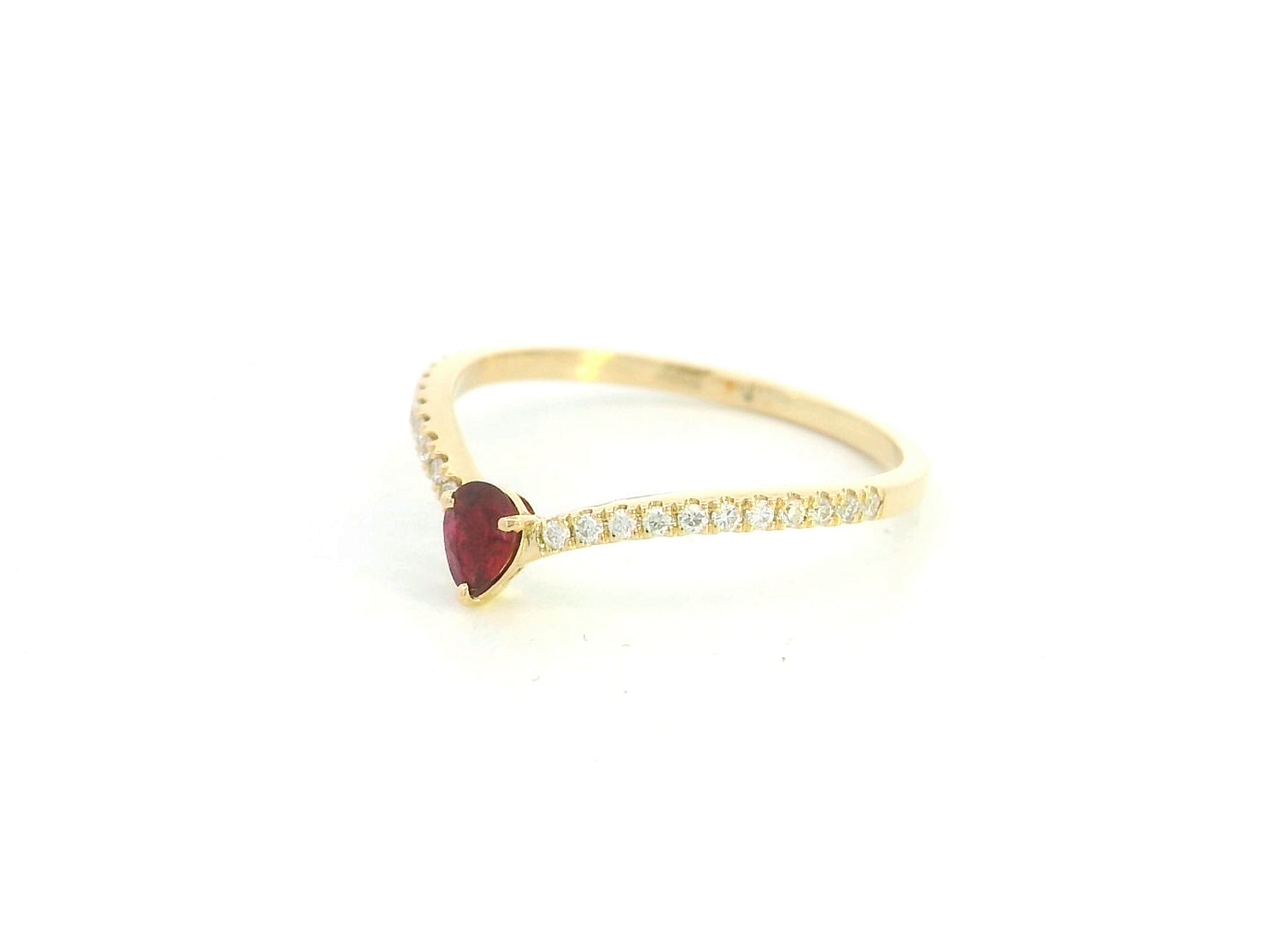 Ruby and diamond chevron ring in 18K yellow gold featuring a 0.19 carat pear-shaped ruby and 0.13 carat diamonds
