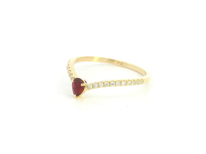 Ruby and diamond chevron ring in 18K yellow gold featuring a 0.19 carat pear-shaped ruby and 0.13 carat diamonds