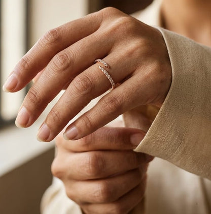 18K rose gold diamond open wrap ring with minimalist pavé diamond design