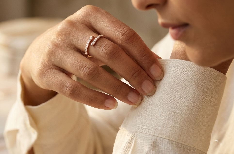 18K rose gold diamond open wrap ring with minimalist pavé diamond design