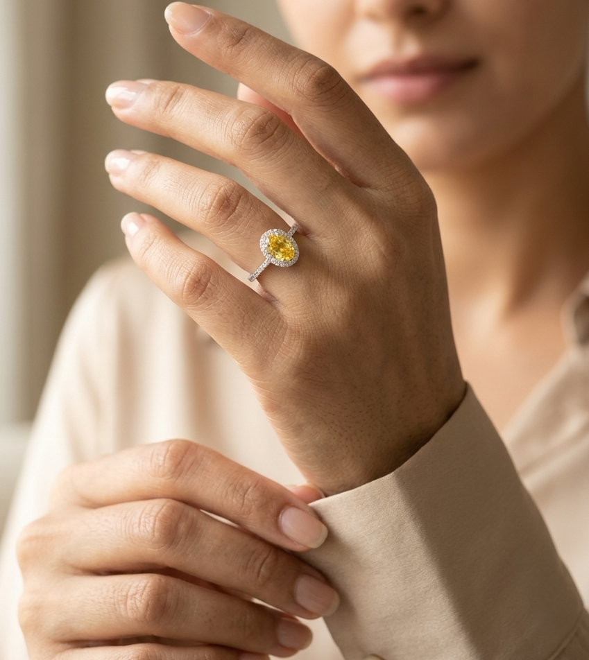 18K white gold oval yellow sapphire halo ring with diamond band and natural diamonds