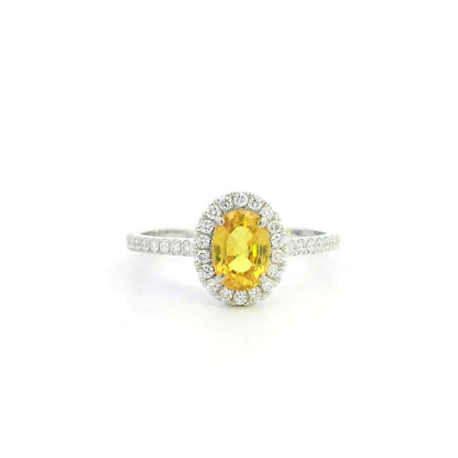 18K white gold oval yellow sapphire halo ring with diamond band and natural diamonds