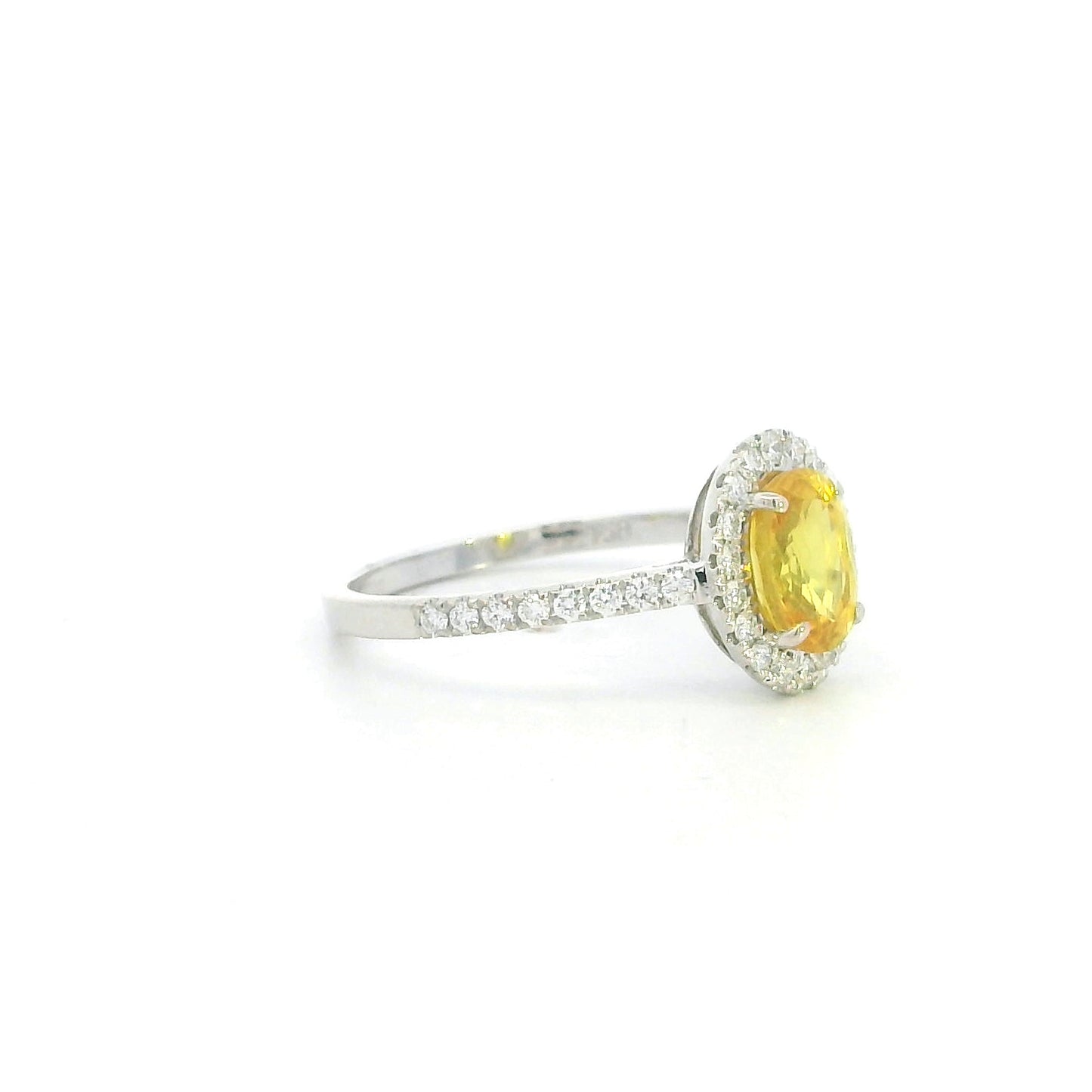 18K white gold oval yellow sapphire halo ring with diamond band and natural diamonds