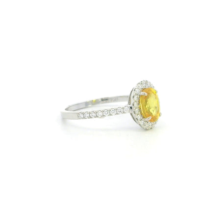 18K white gold oval yellow sapphire halo ring with diamond band and natural diamonds