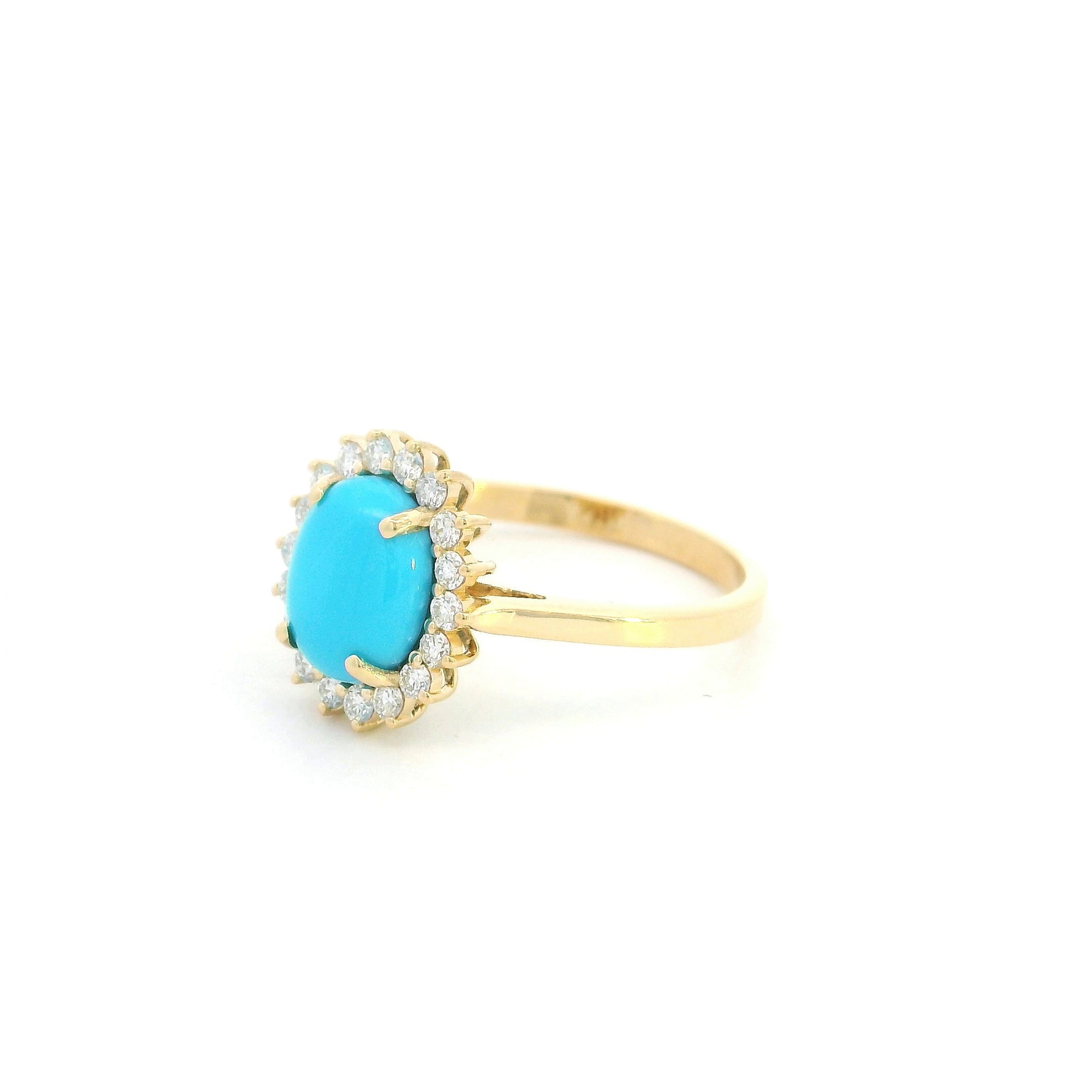 18K yellow gold turquoise and diamond halo ring with oval cabochon gemstone