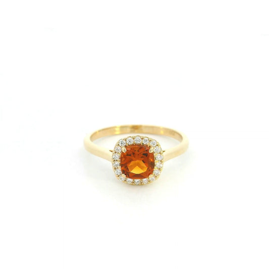 Cushion cut citrine halo ring in 18K yellow gold with diamond accents