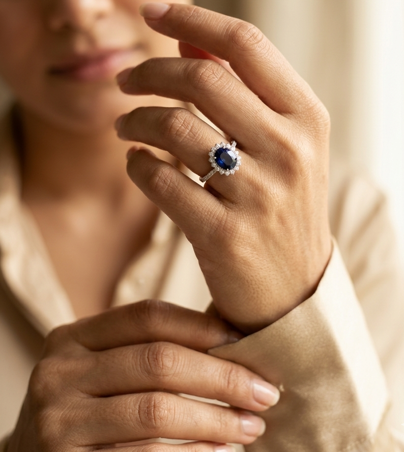 18K white gold blue sapphire and diamond halo ring with pavé diamond band