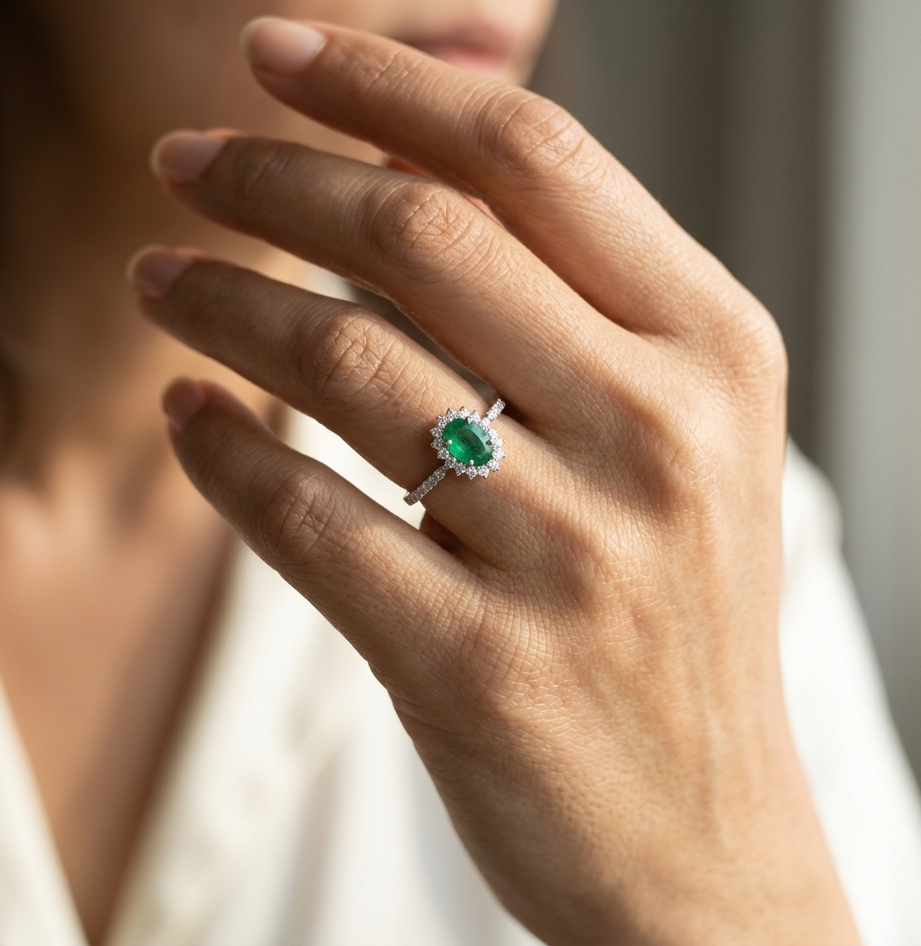 Natural oval emerald ring in 18K white gold featuring a 0.35 carat emerald surrounded by a diamond halo with 0.23 carat total diamond weight.