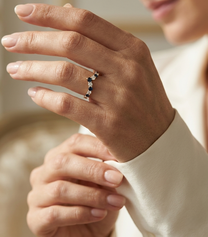 18K yellow gold sapphire and diamond contour ring with curved chevron stacking band design