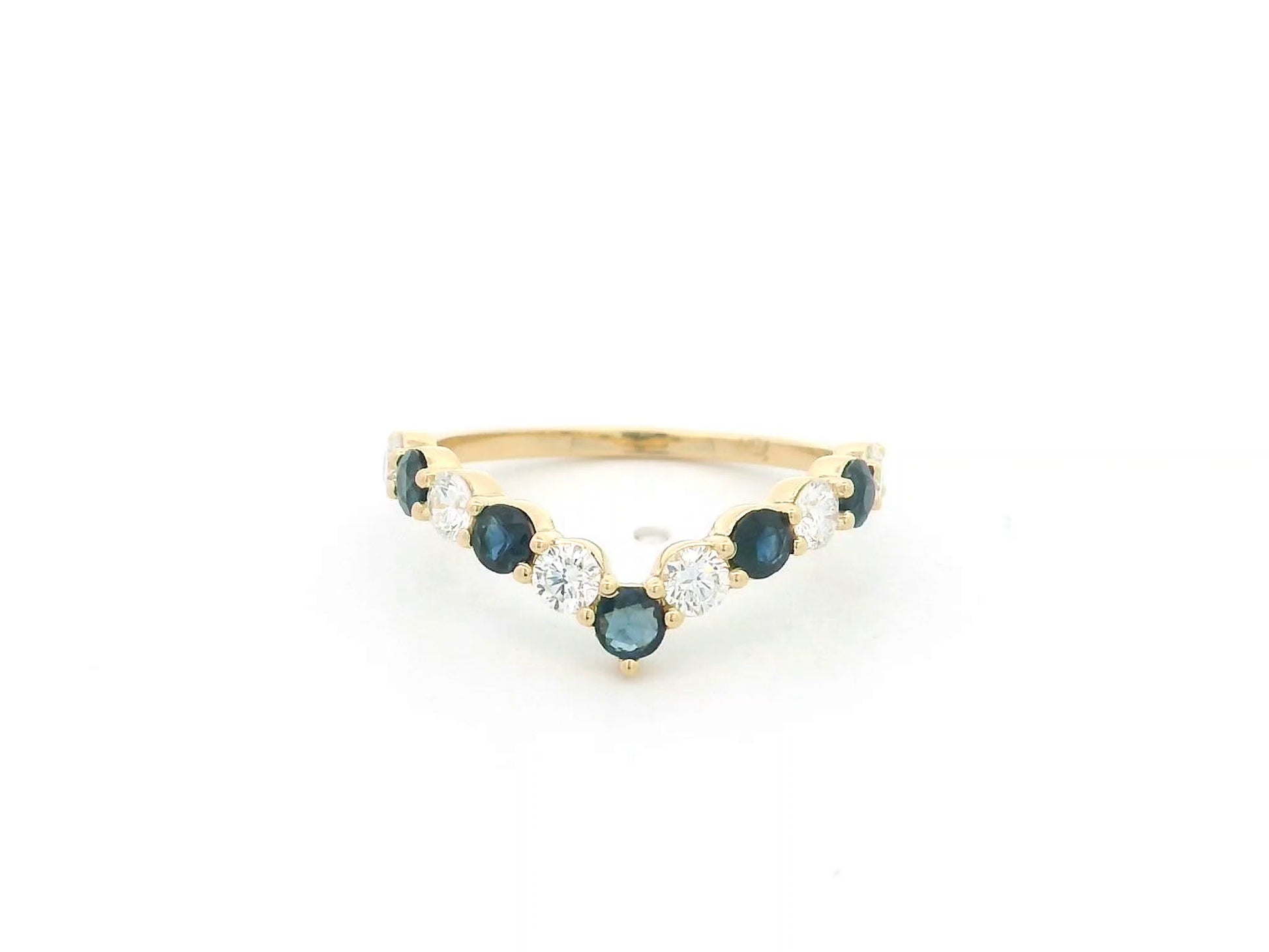 18K yellow gold sapphire and diamond contour ring with curved chevron stacking band design