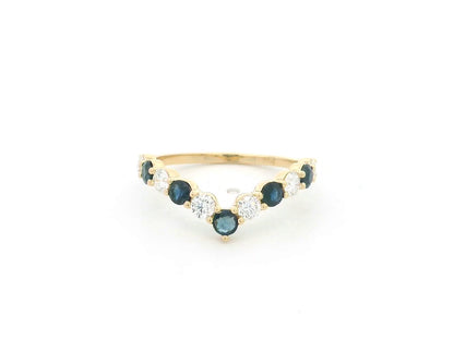 18K yellow gold sapphire and diamond contour ring with curved chevron stacking band design