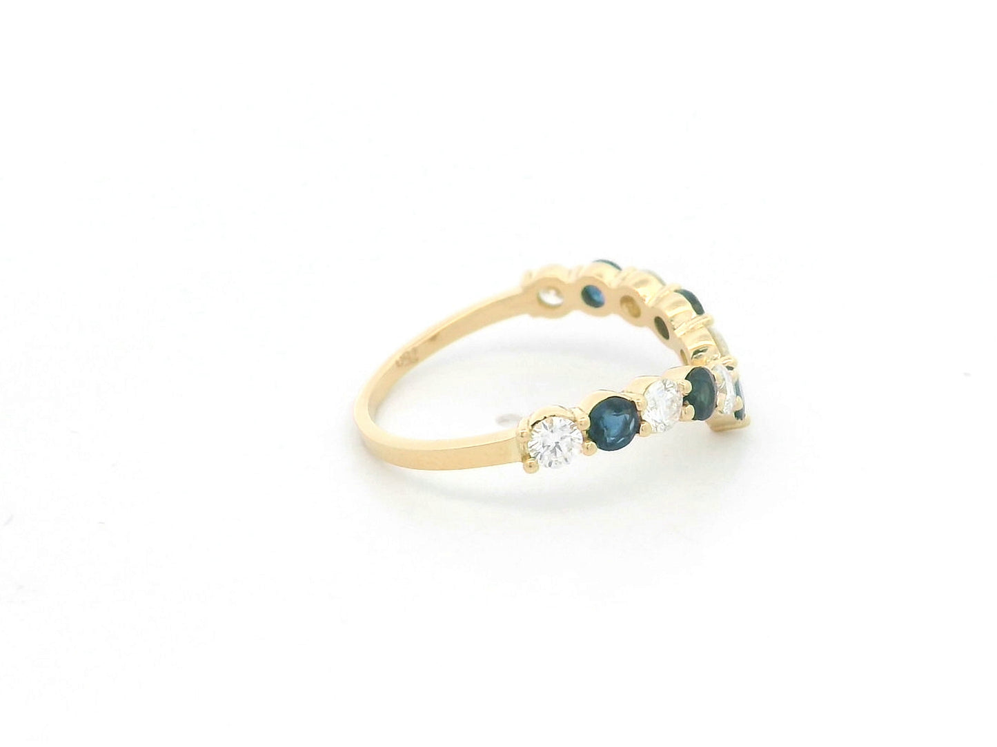 18K yellow gold sapphire and diamond contour ring with curved chevron stacking band design