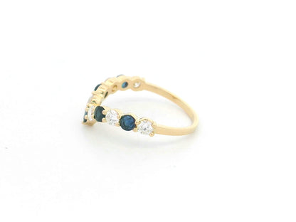 18K yellow gold sapphire and diamond contour ring with curved chevron stacking band design