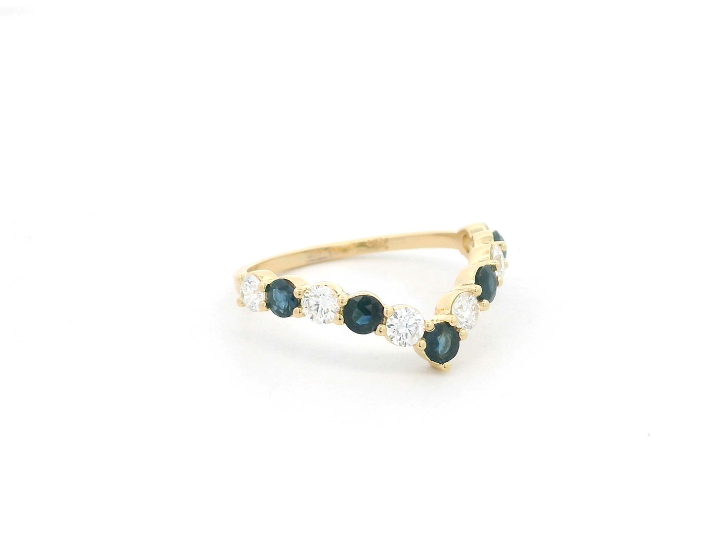 18K yellow gold sapphire and diamond contour ring with curved chevron stacking band design