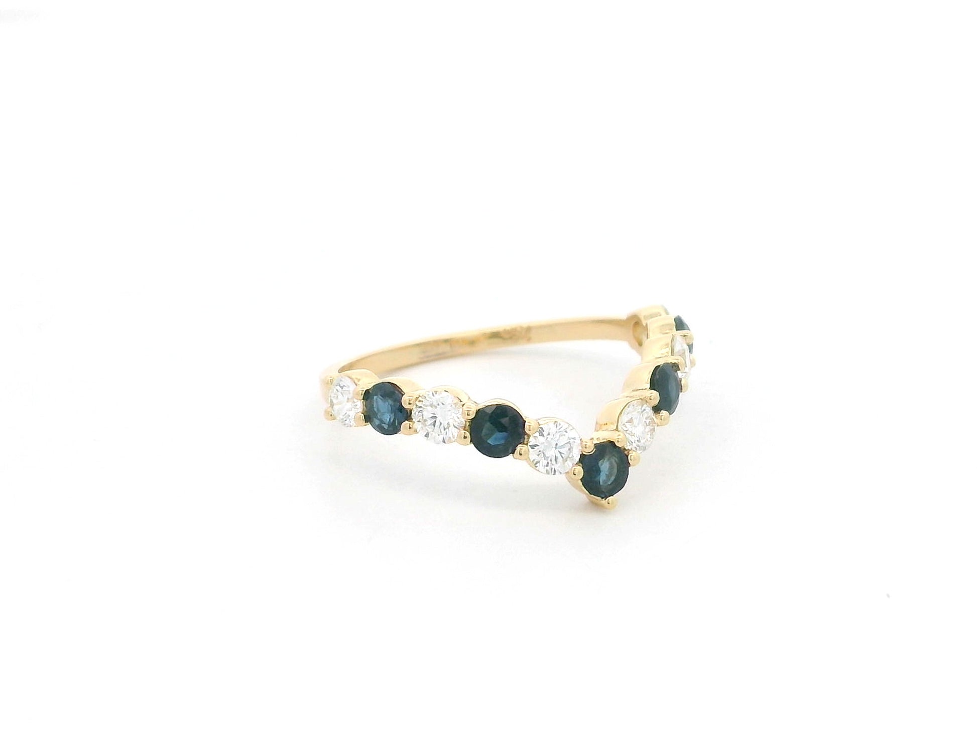 18K yellow gold sapphire and diamond contour ring with curved chevron stacking band design