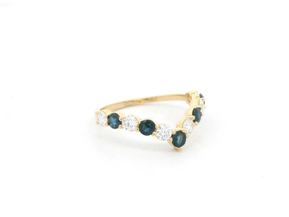 18K yellow gold sapphire and diamond contour ring with curved chevron stacking band design