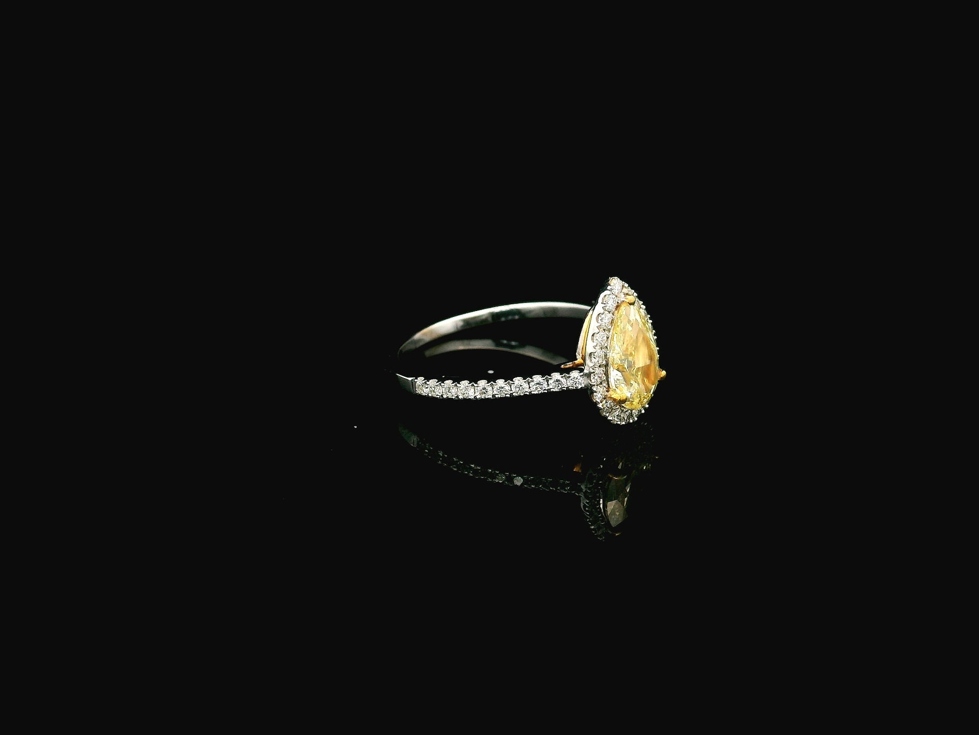 Fancy yellow pear-shaped diamond halo ring in 18K white gold with pavé diamond band and GIA certified center stone.
