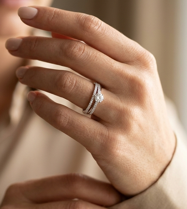 18K white gold diamond engagement ring featuring a 0.30 carat round center diamond and triple-row band with 0.28 carats of accent diamonds.