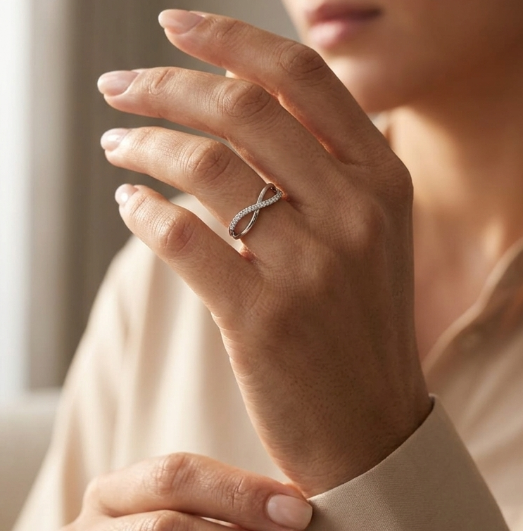 18K white gold diamond crossover ring featuring a crisscross design with 0.16 carat natural diamonds and polished white gold bands.