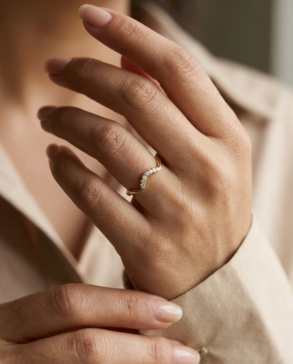 Diamond Contour Band Ring in 18K Yellow Gold with Curved Wave Design by Emirates Diamonds
