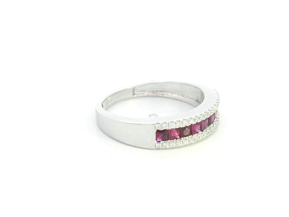 18K white gold ruby and diamond band ring with princess-cut rubies
