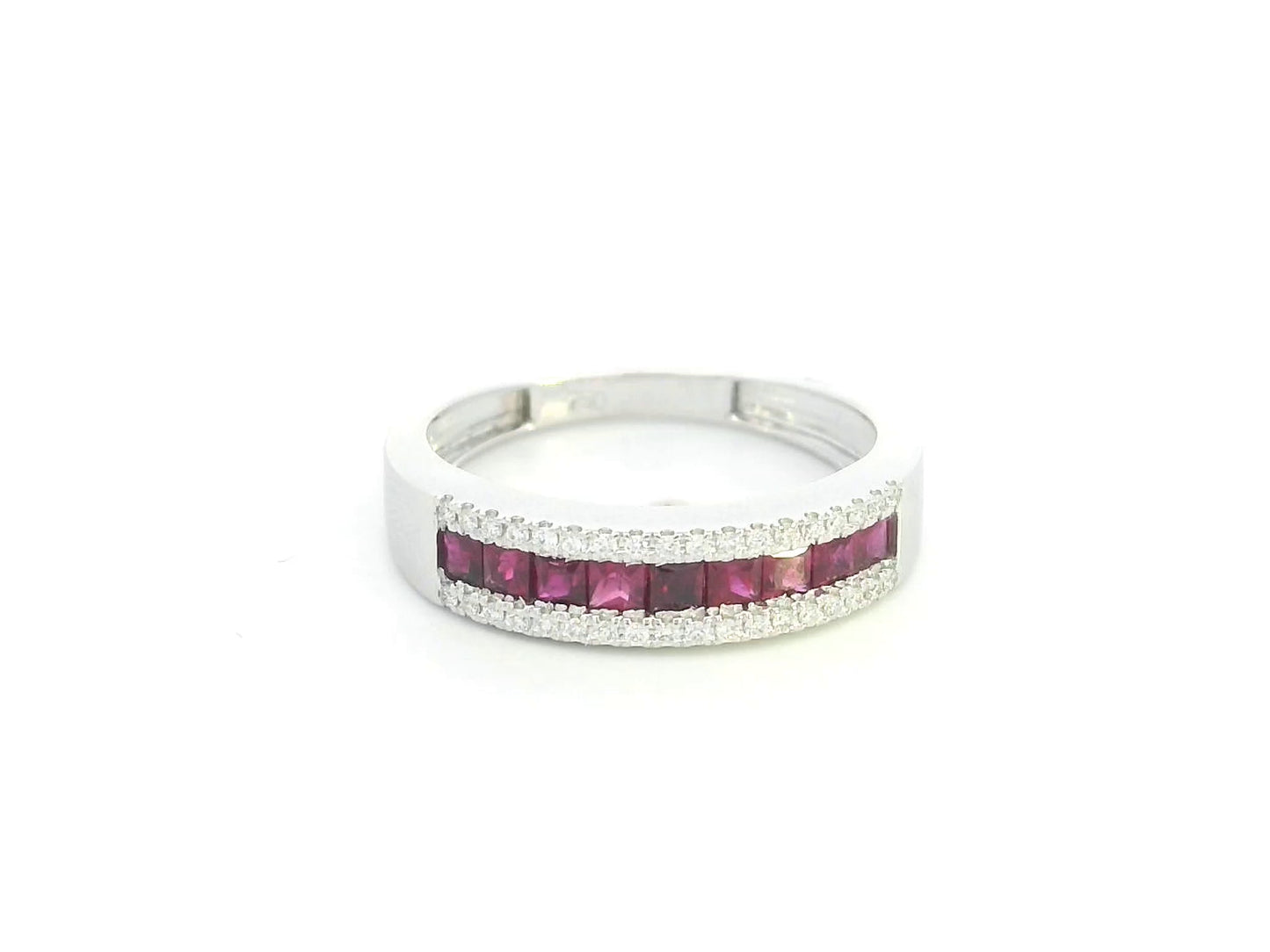 18K white gold ruby and diamond band ring with princess-cut rubies