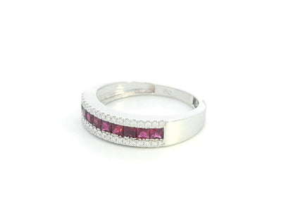 18K white gold ruby and diamond band ring with princess-cut rubies