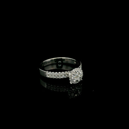 18K white gold diamond bridal set featuring a diamond cluster engagement ring and matching wedding band with 0.92 carat natural diamonds.