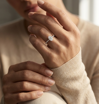 Oval GIA Certified Diamond Engagement Ring in 18K White Gold with Diamond Band by Emirates Diamonds