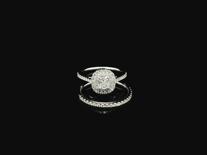 GIA certified cushion cut diamond bridal ring set in 18K white gold with halo engagement ring and matching diamond wedding band.