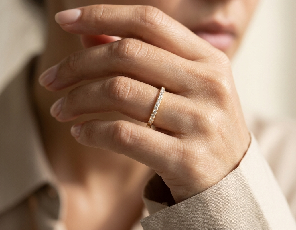 Diamond half eternity wedding band in 18K yellow gold with 0.14 carat natural diamonds